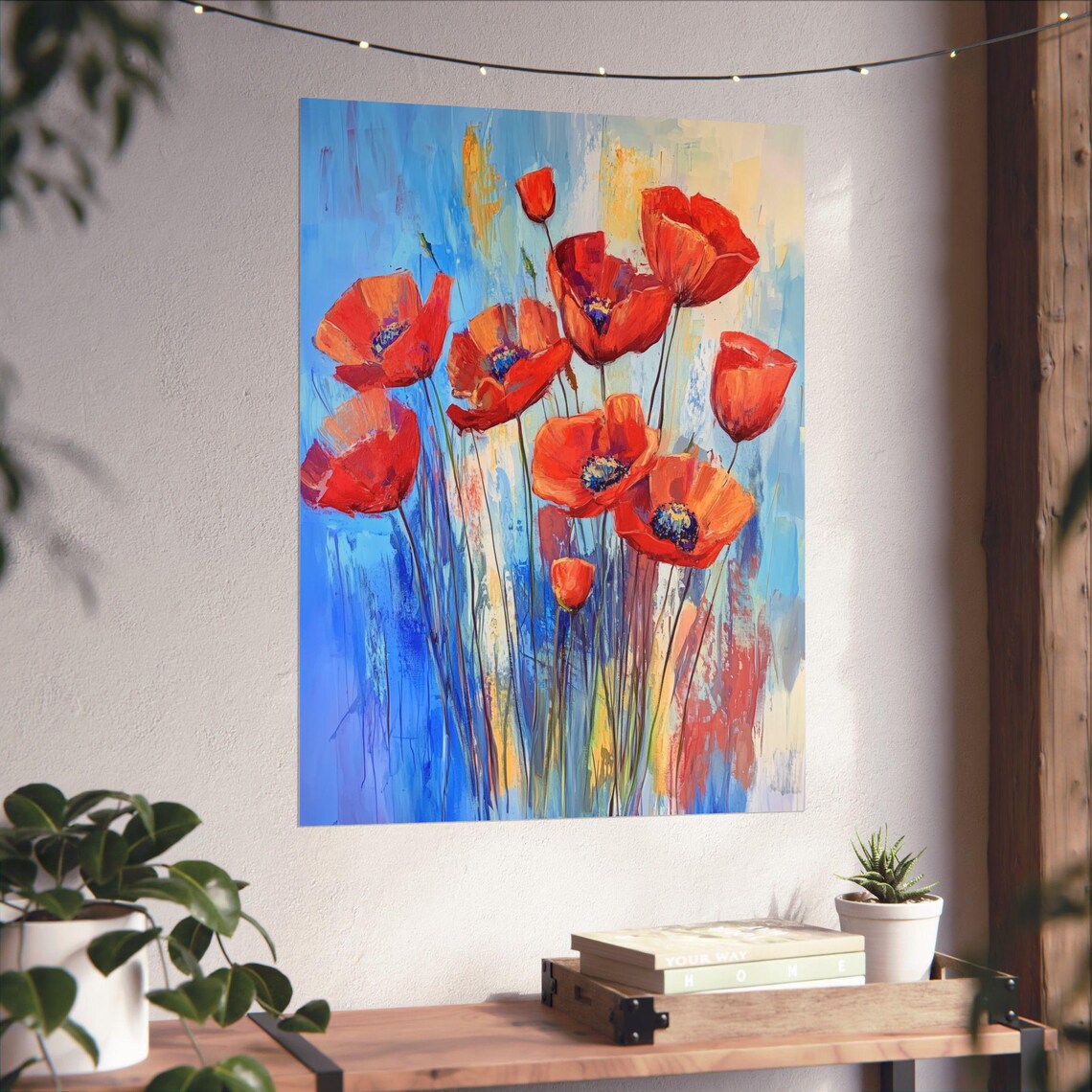 Red Poppy Watercolor Art Print, Blue Sky Modern Flower - Image 6