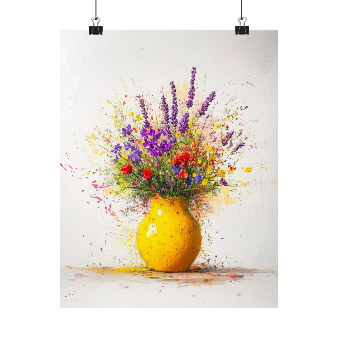 Yellow Vase with Wildflowers Abstract Splatter Painting Poster