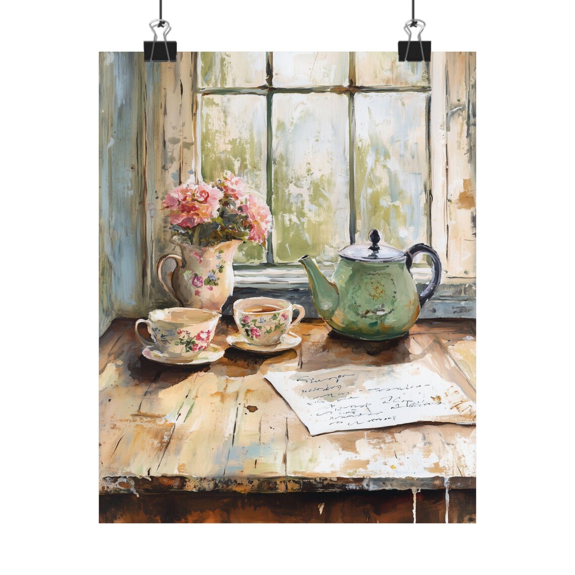 Vintage Tea Set by Window Floral Teapot Cottage Still Life Poster