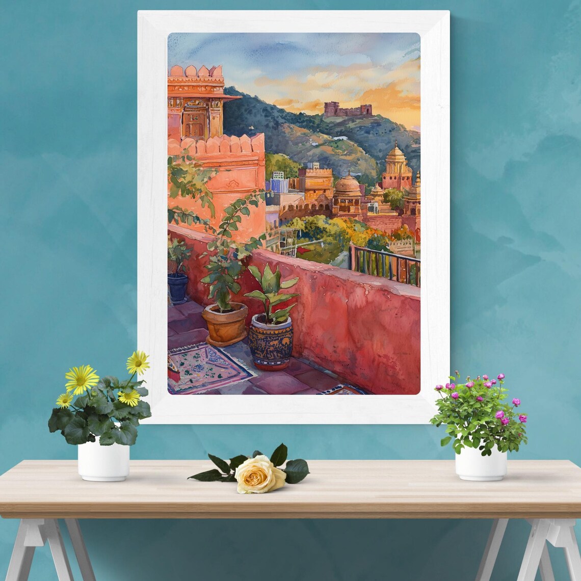 Jaipur Pink City Rooftop Terrace Amber Fort Watercolor Poster - Image 2