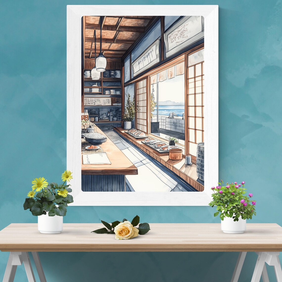 Japanese Coastal Sushi Shop Ocean View Interior Restaurant Poster - Image 2
