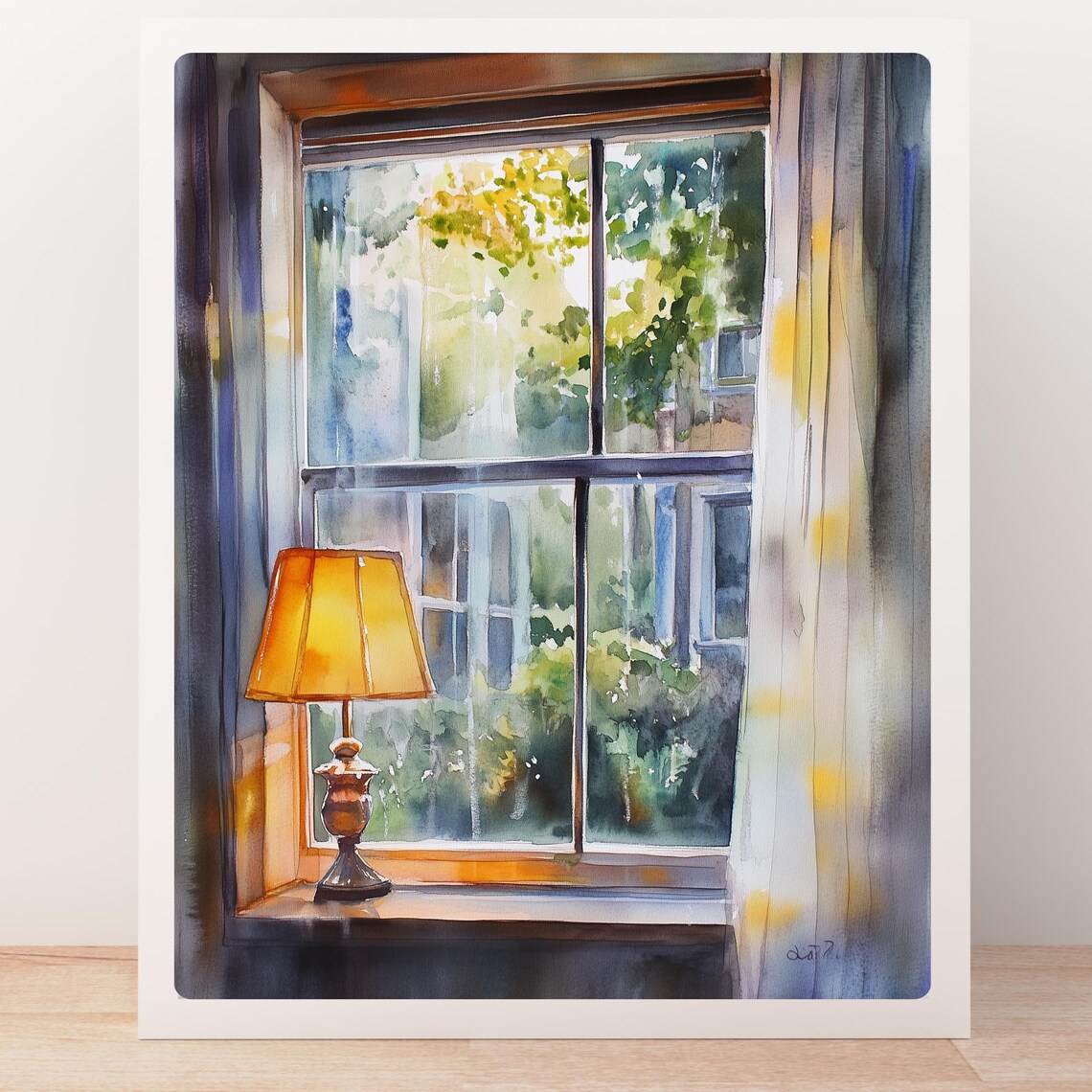Rainy Day Window View Warm Lamp Watercolor Cozy Interior Poster - Image 4
