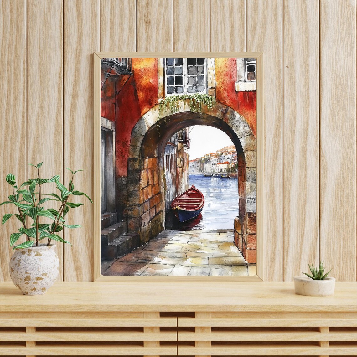 Porto Portugal Stone Arch Harbor Boats Riverside Watercolor Poster - Image 3