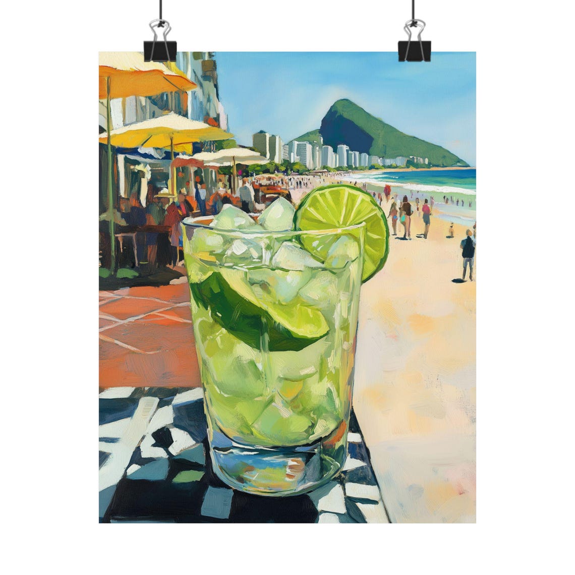 Caipirinha Cocktail with Copacabana Beach and Mountain Poster