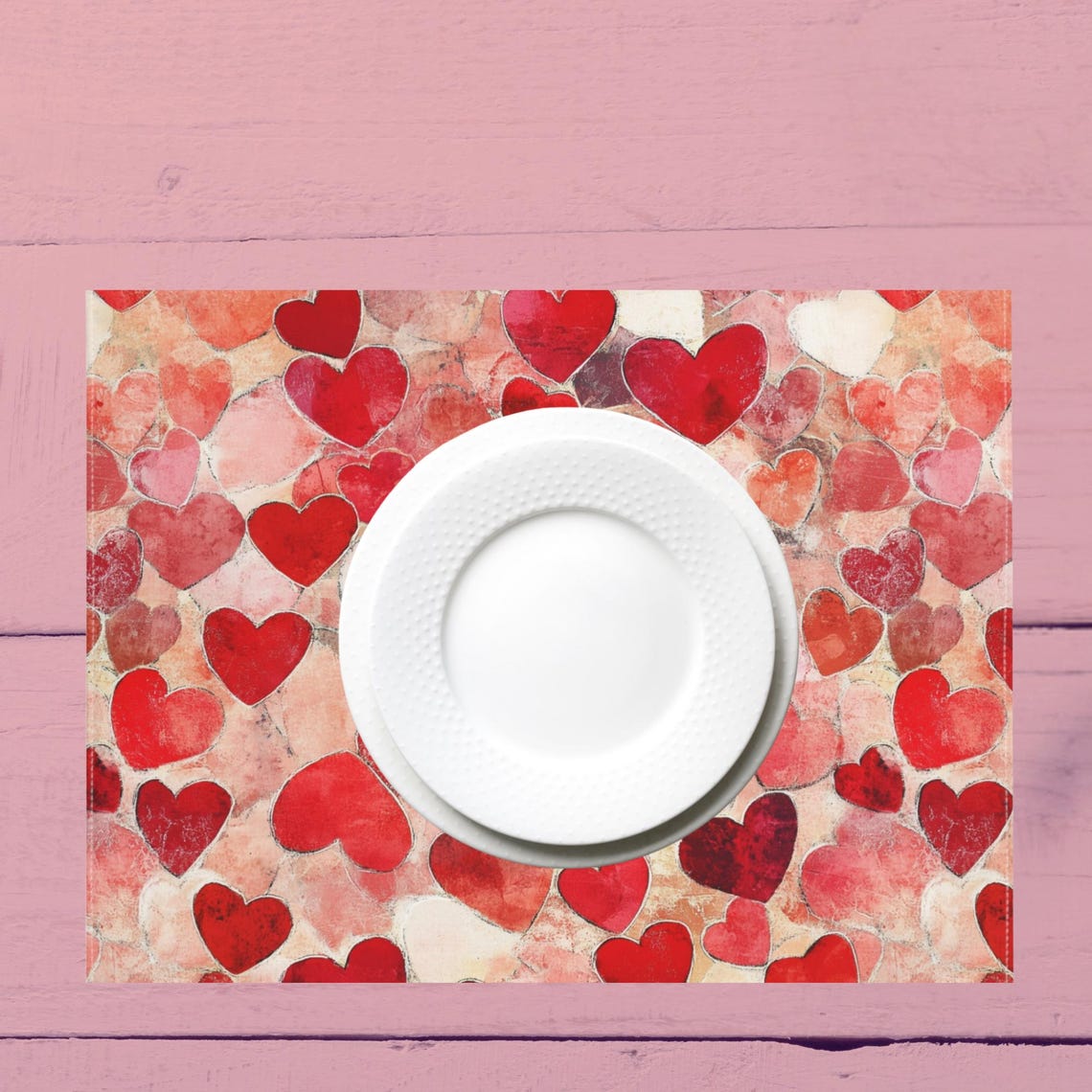 Watercolor Red Hearts Romantic Valentine Table Placemat Decor Print - Image 4