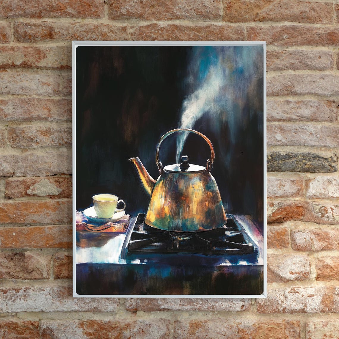 Steaming Copper Kettle on a Stove in a Moody Dark Kitchen Poster - Image 6