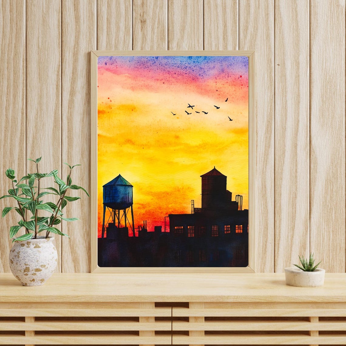 Urban Rooftop Sunset Silhouette Water Towers Birds Watercolor Poster - Image 4