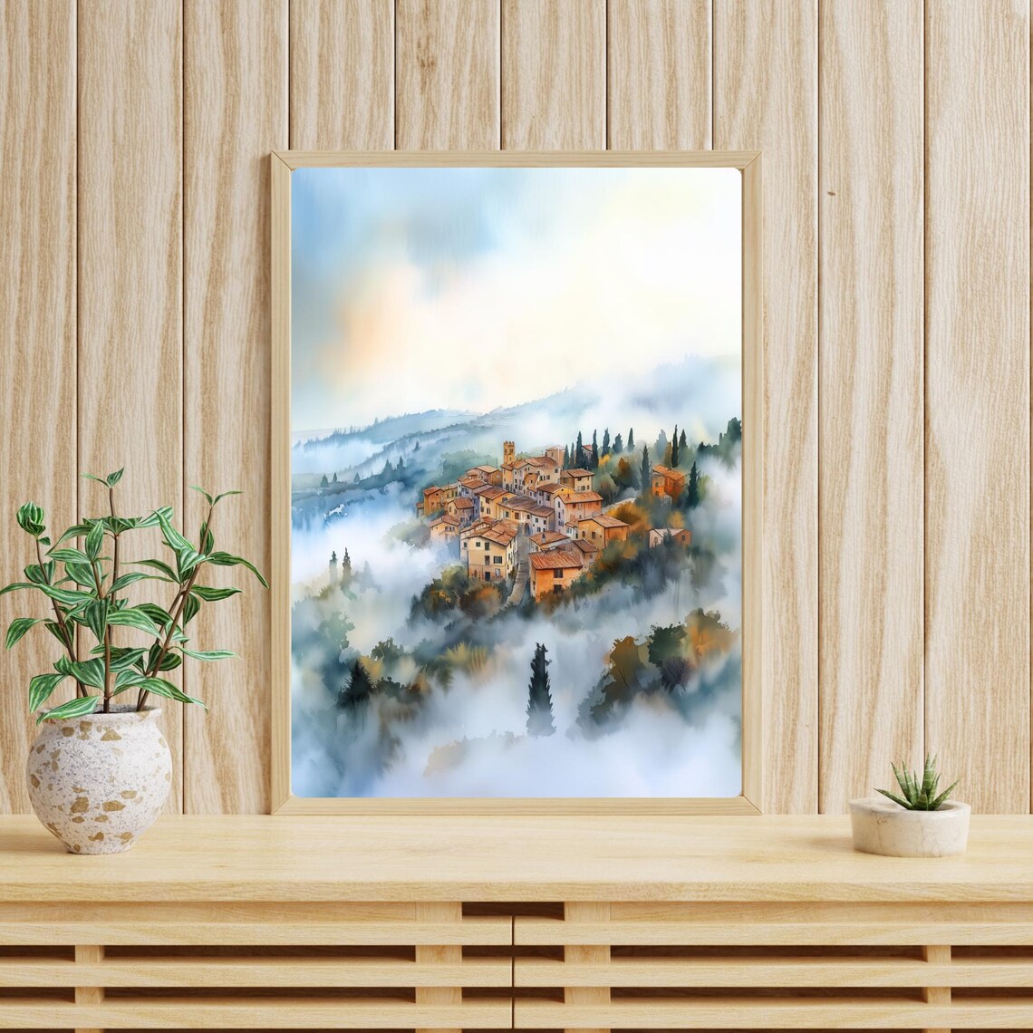 Foggy Italian Hill Town Misty Morning Village Watercolor Poster - Image 4