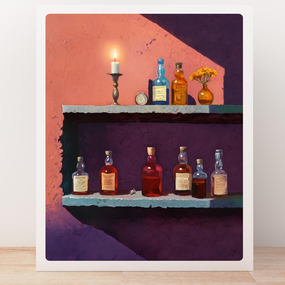 Mezcal Bar Still Life Candlelight Spirit Bottles Painting Poster - Image 5