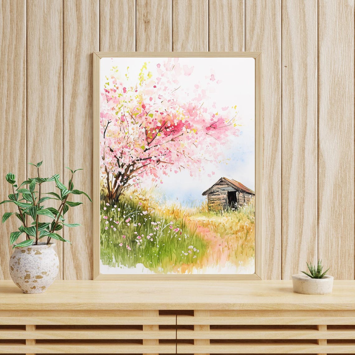 Pink Cherry Blossom Tree in Bloom Beside a Rustic Wooden Shed Print - Image 4