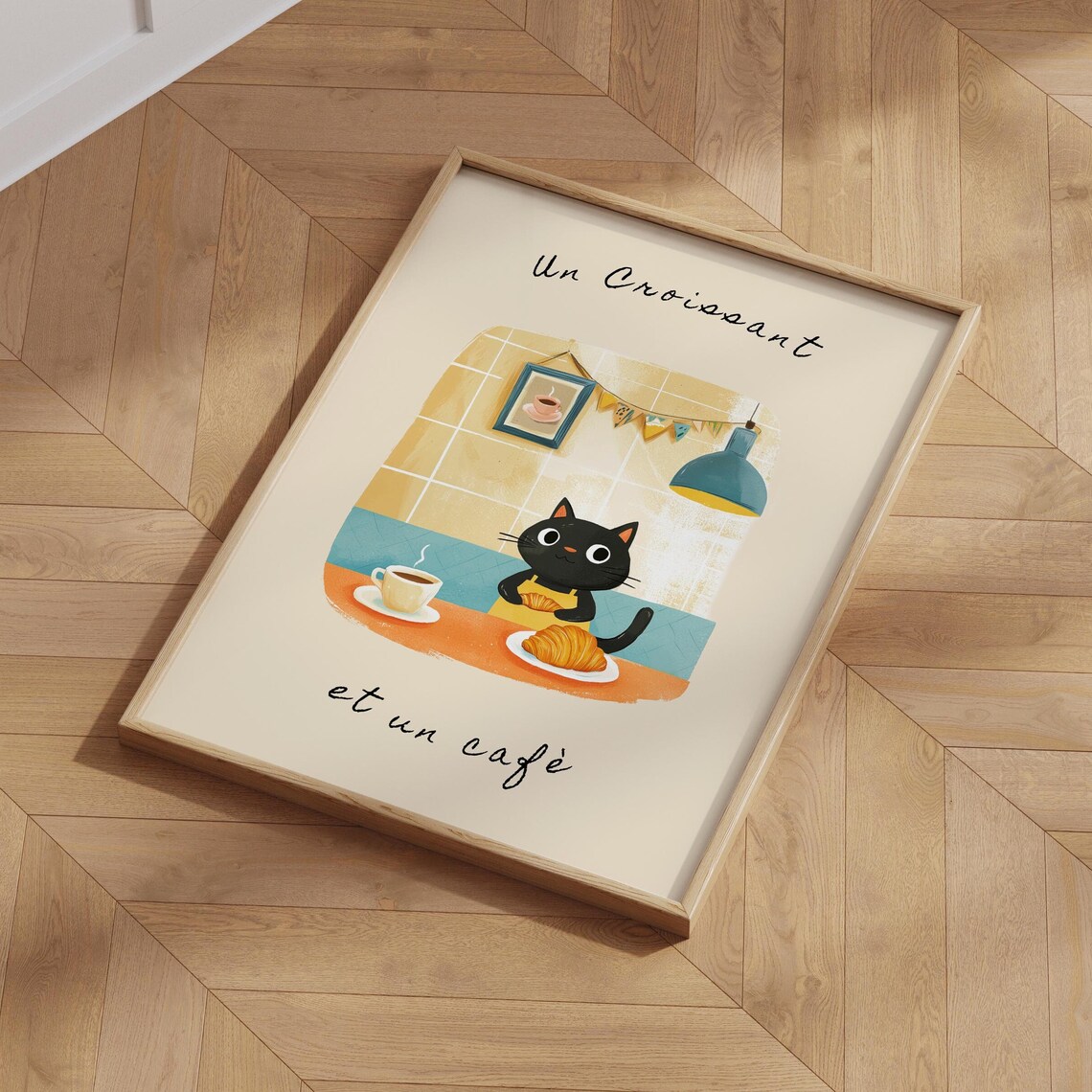 Un Croissant Et Un Caf Charming Cat Poster, Kitchen Decor