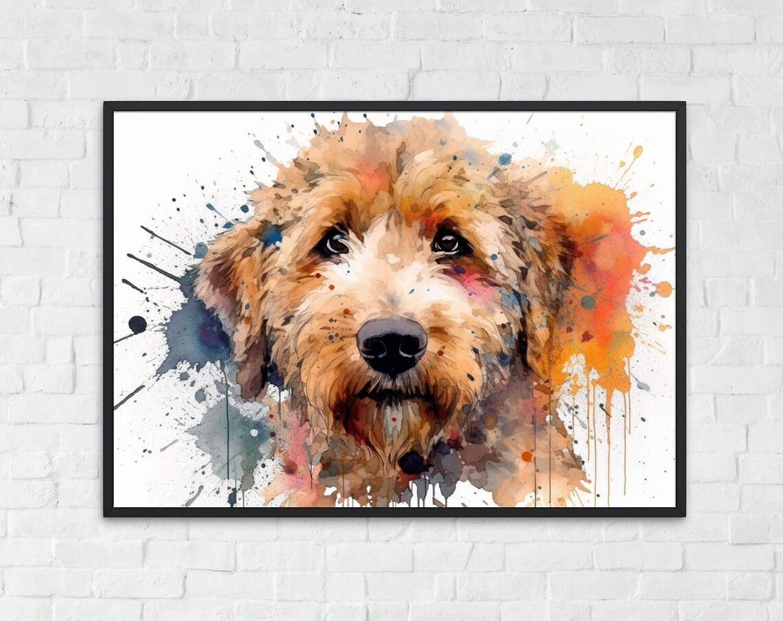 Golden Apricot Doodle Portrait With Orange Blue Paint Drip Art Poster