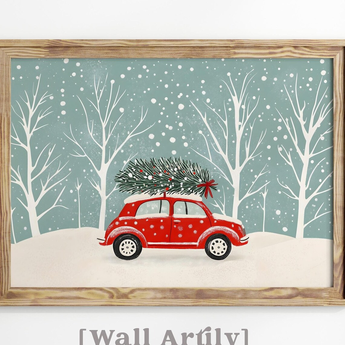 Red Retro Car Christmas Tree Roof Snowfall Vintage Auto Poster
