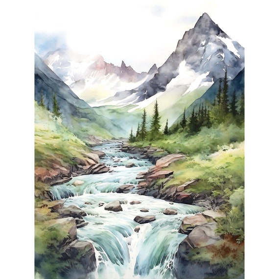 Mountain River Painting Print Pine Tree Wall Art Watercolor Landscape
