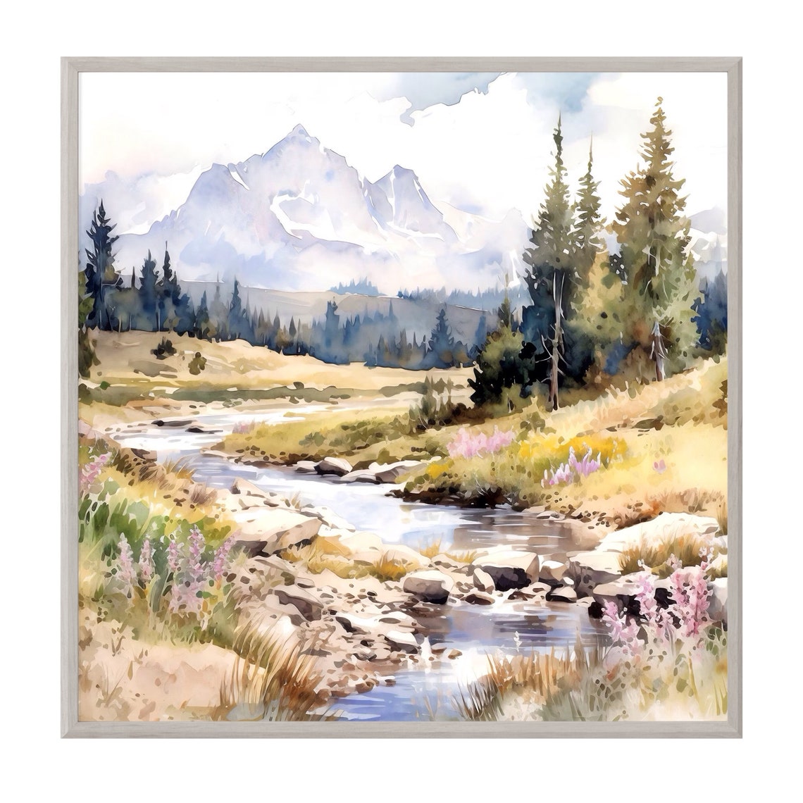 Colorado Landscape Watercolor Painting Neutral Art Print Mountain Artwork Foggy Forest Square Poster Wall Art By Totoron - Image 3