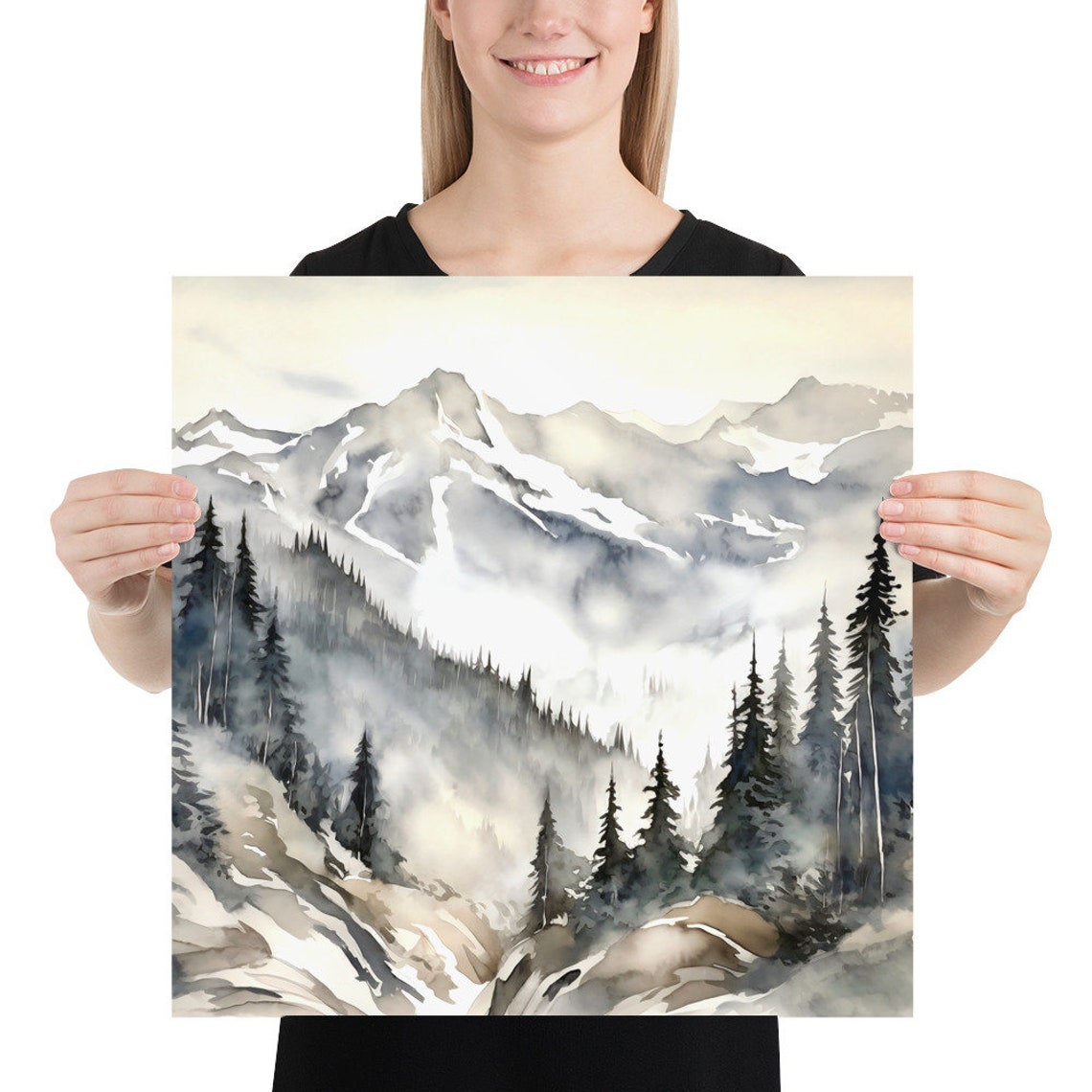 Rocky Mountains Painting Smoky Pine Forest Art Print Foggy Colorado Mountain Landscape Watercolor Art Pine Trees Square Wall Art - Image 3