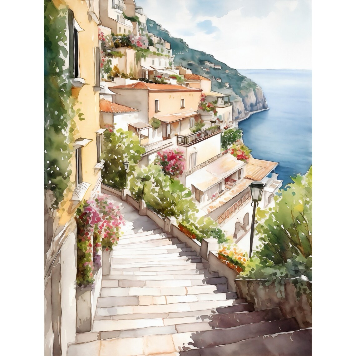 Positano Watercolor Painting, Amalfi Coast Landscape