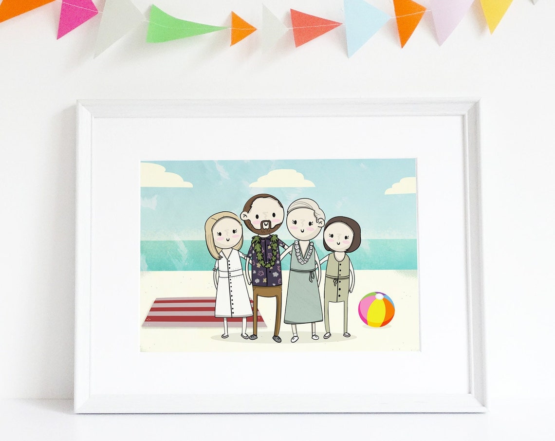 Personalized Cartoon Family of Six Portrait on a Beach Scene Poster - Image 2