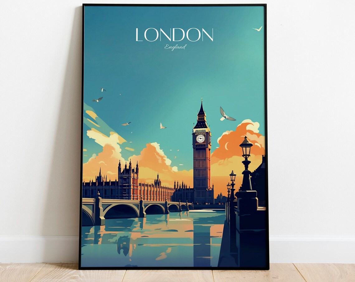 London Skyline Travel Print Modern Vintage Home Decor