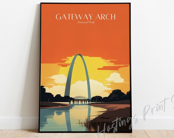 Gateway Arch National Park Fiery Sunset Over The River Travel Poster