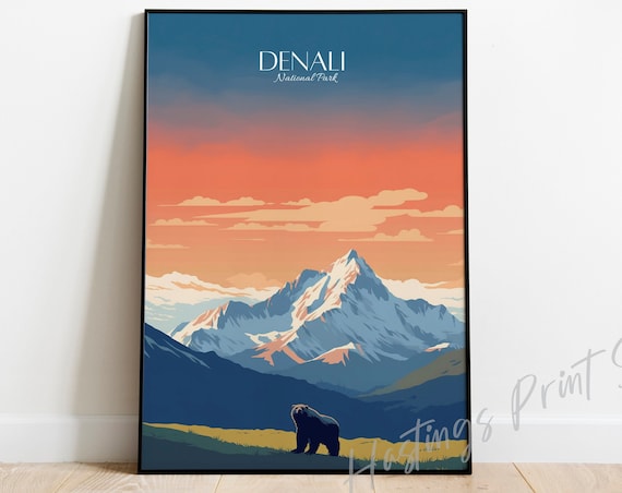 Denali National Park Vintage Poster Alaska Snowy Mountain Sunset