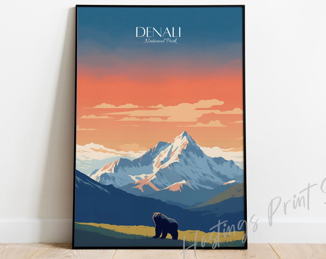 Denali National Park Vintage Poster Alaska Snowy Mountain Sunset