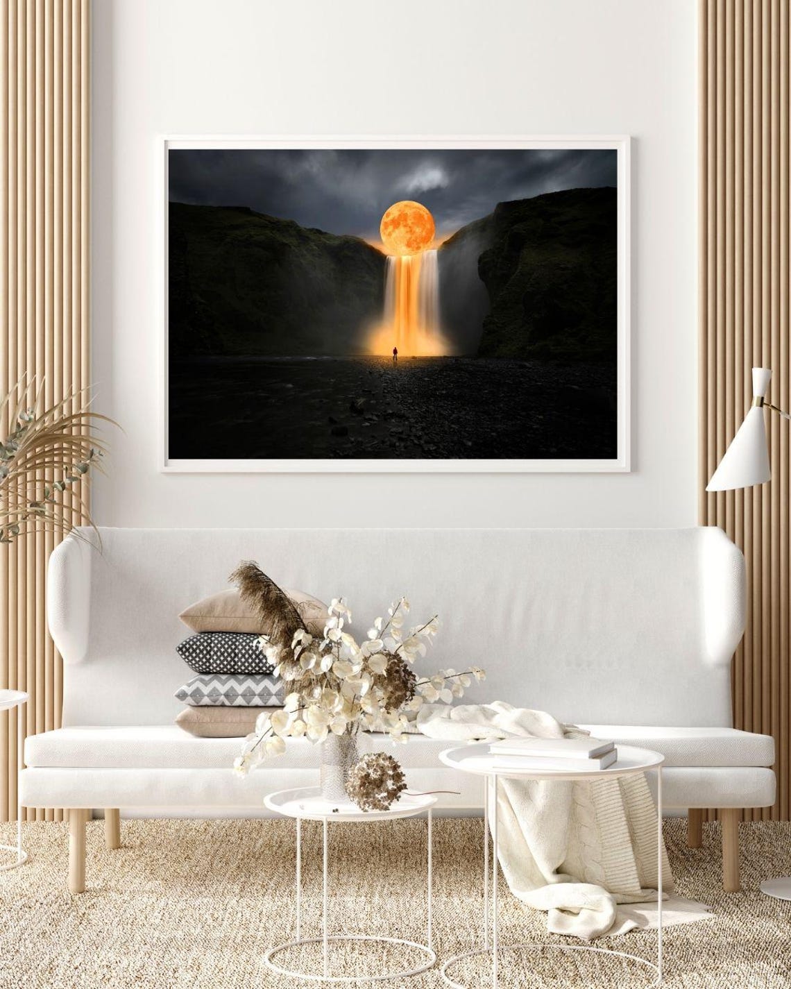 Moonlit Waterfall Art Print Surreal Night Sky Wall Art Framed Dreamlike Landscape Decor Cosmic Nature Scene - Image 3