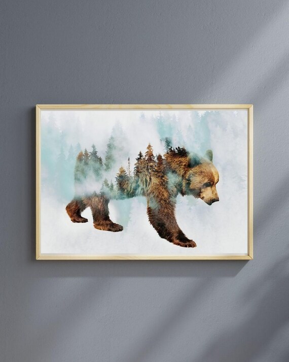 Bear Double Exposure Forest Silhouette Misty Trees Wilderness Art Poster