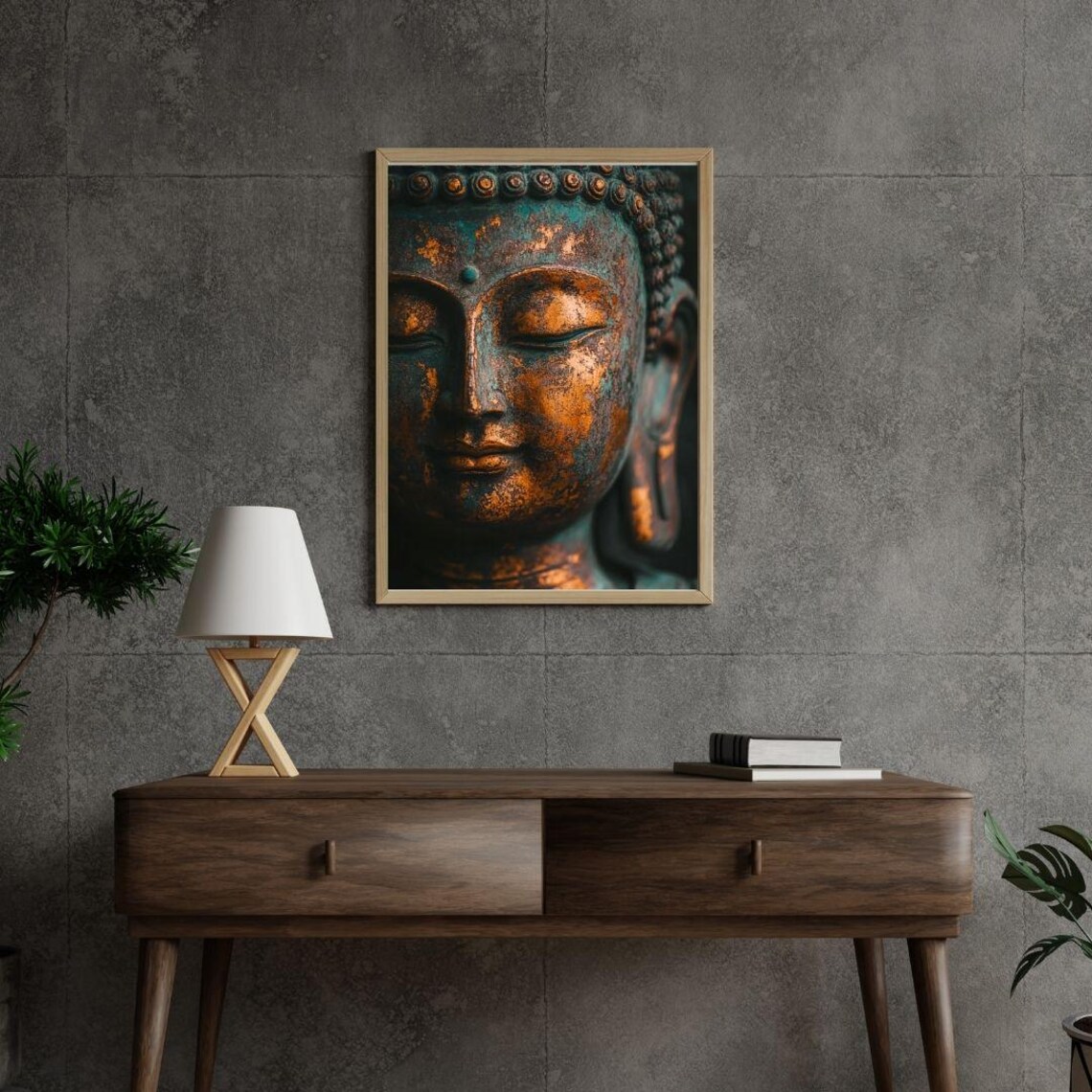 Buddha Face Close Up Weathered Bronze Teal Patina Zen Meditation Wall Poster - Image 3