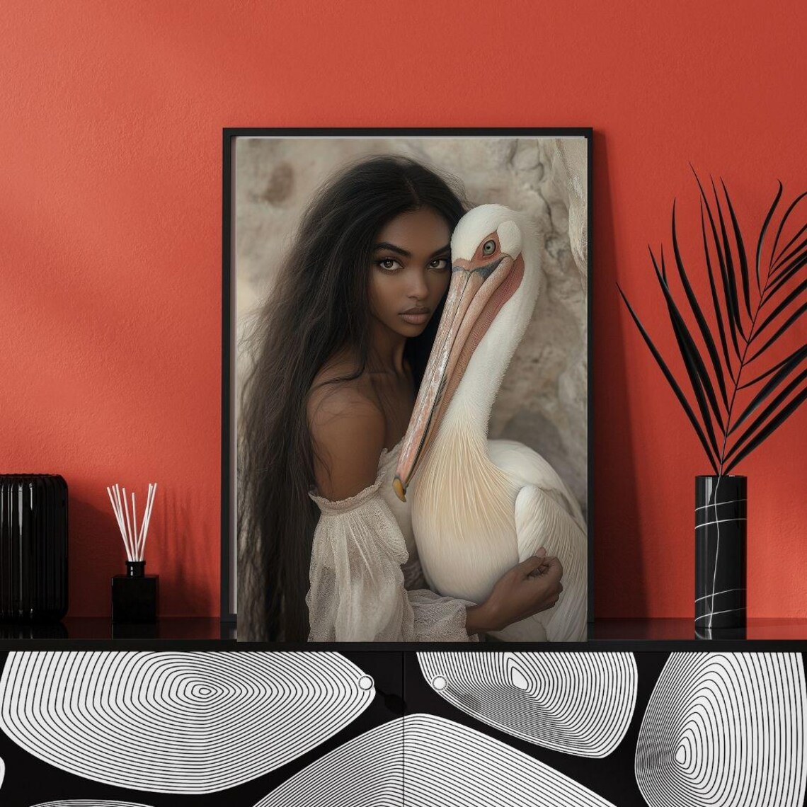 Woman With White Pelican Portrait Elegant Nature Wildlife Art Poster - Image 2