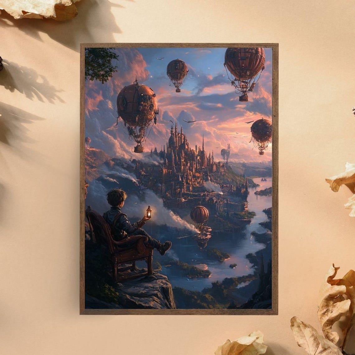 Steampunk Fantasy Cityscape With Airships Over Sunset River Poster