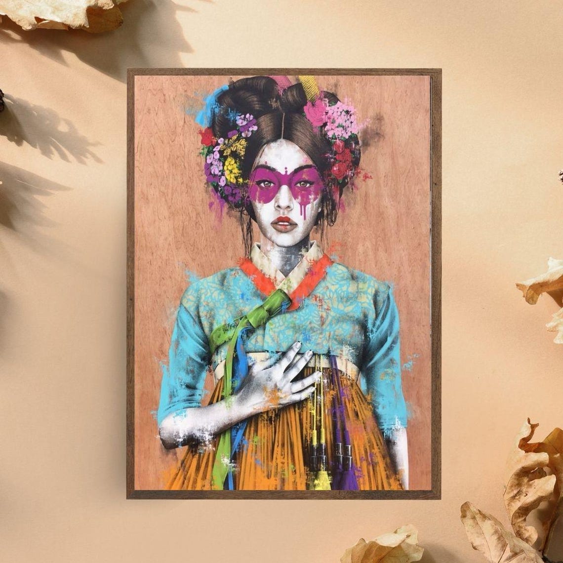 Vibrant Asian Woman Street Art Print Colorful Graffiti Portrait Modern Urban Wall Art Contemporary Cultural Illustration Bold Abstract Art