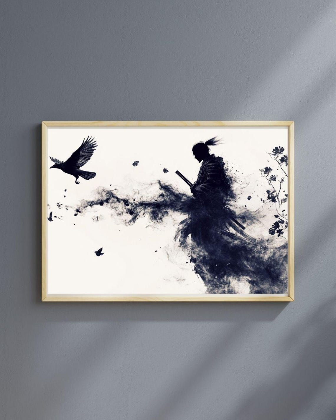 Samurai Ink Art Print Japanese Warrior Silhouette Black And White Samurai With Crow Minimalistic Zen Wall Decor Martial Arts Home Art - Image 3