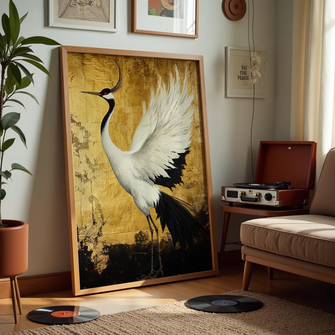Japanese Crane Gold Background Elegant White Bird Oriental Poster