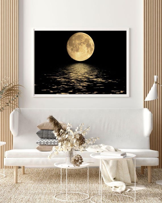 Full Moon Reflection Art Golden Moon Over Water Print Tranquil Night Sky Decor Celestial Moonlight Wall Art Mystical Lunar Art