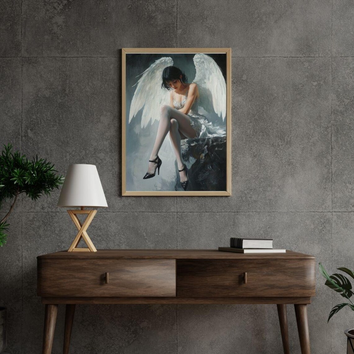 Melancholic Angel In White Dress Sitting Serene Winged Woman Art Poster - Image 2