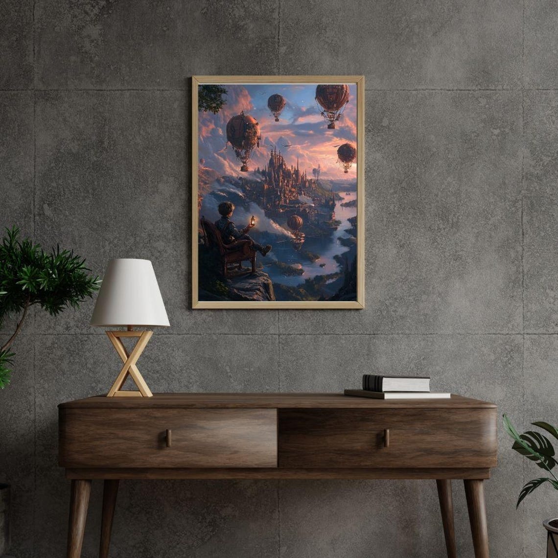 Steampunk Fantasy Cityscape With Airships Over Sunset River Poster - Image 3