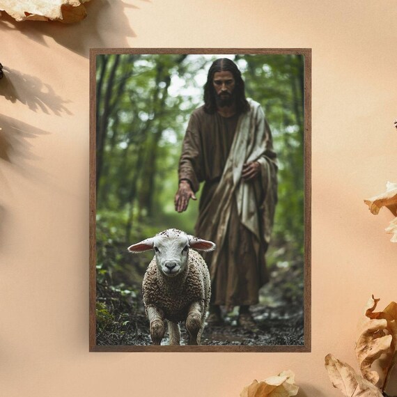 Jesus And Lamb Forest Print Gentle Shepherd Christian Faith Wall Art Poster