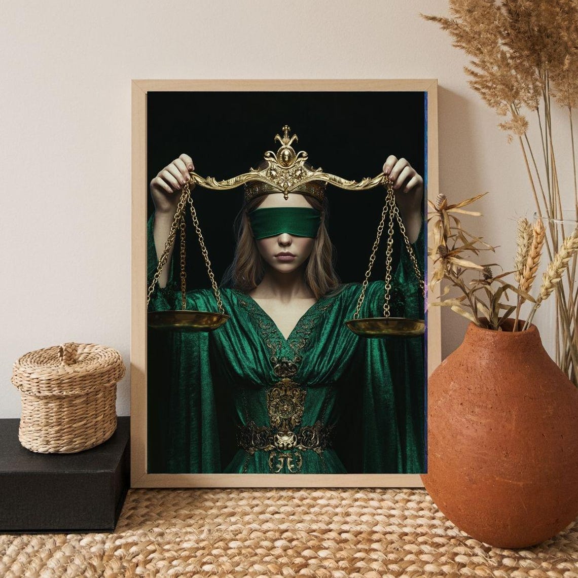 Lady Justice Blindfolded Emerald Gown Golden Scales Art Poster - Image 3