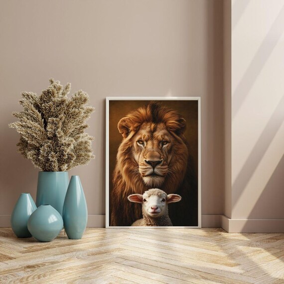 Lion And Lamb Symbolic Peace Powerful Animal Portrait Inspirational Poster