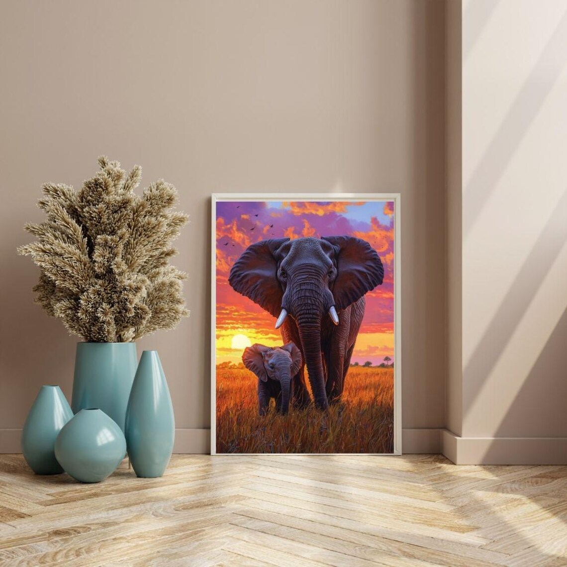 Elephant Mother And Calf Sunset Print African Safari Wildlife Art Poster - Image 3
