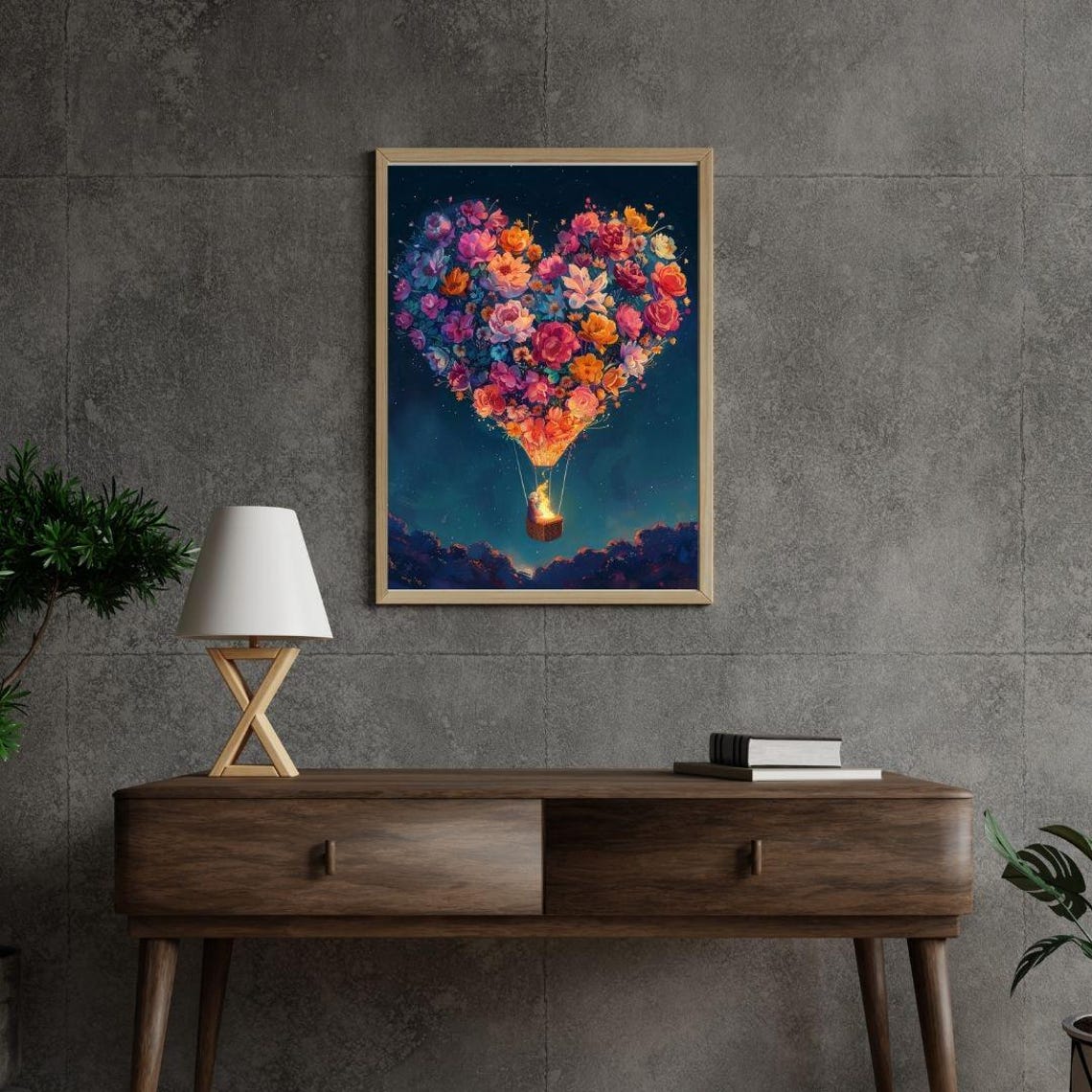 Heart Shaped Floral Hot Air Balloon Romantic Night Sky Art Poster - Image 2