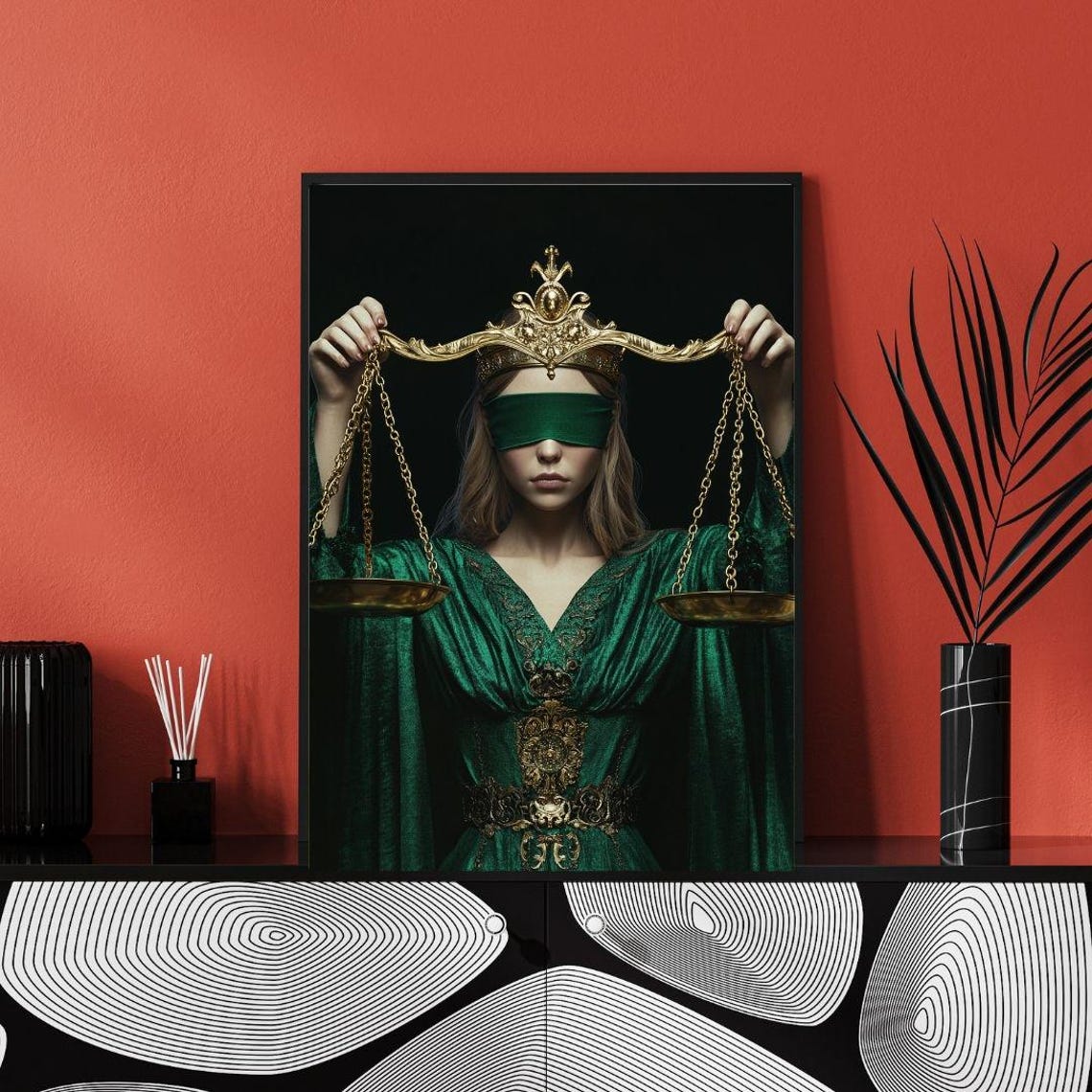 Lady Justice Blindfolded Emerald Gown Golden Scales Art Poster - Image 2