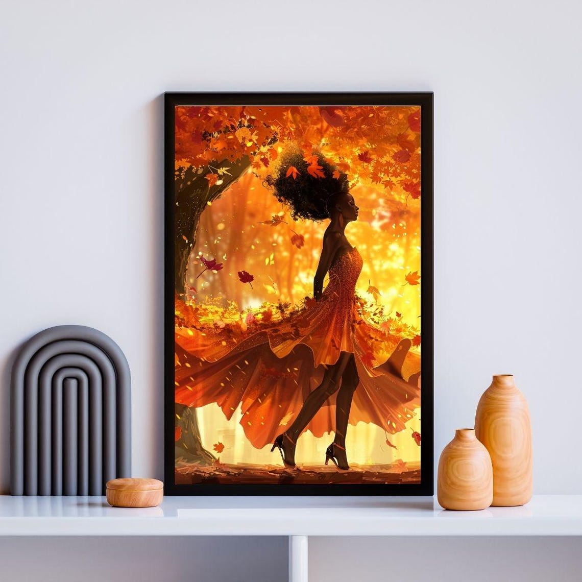 Autumn Woman Art Print Elegant Afro Woman In Fall Leaves Whimsical Fashion Illustration Nature Inspired Wall Art Vibrant Seasonal Decor - Image 2