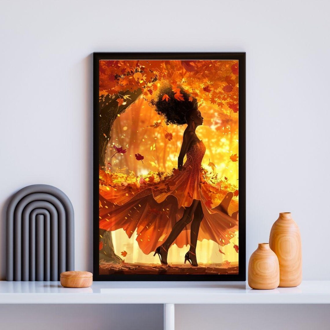 Autumn Woman In Flowing Orange Gown Among Fall Leaves Art Poster - Image 2