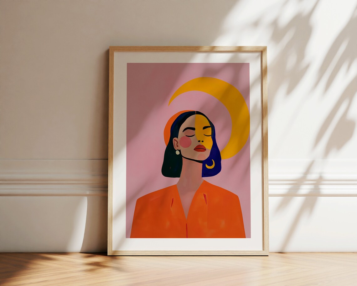 Woman Portrait with Golden Crescent Moon Mid Century Art Poster - Image 2