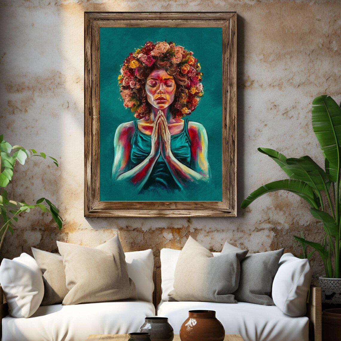 Praying Woman With Floral Halo Portrait Spiritual Meditation Art Poster - Image 3