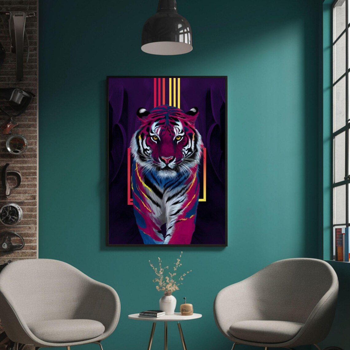 Neon Pink Blue Tiger Portrait Geometric Dark Jungle Art Poster - Image 3