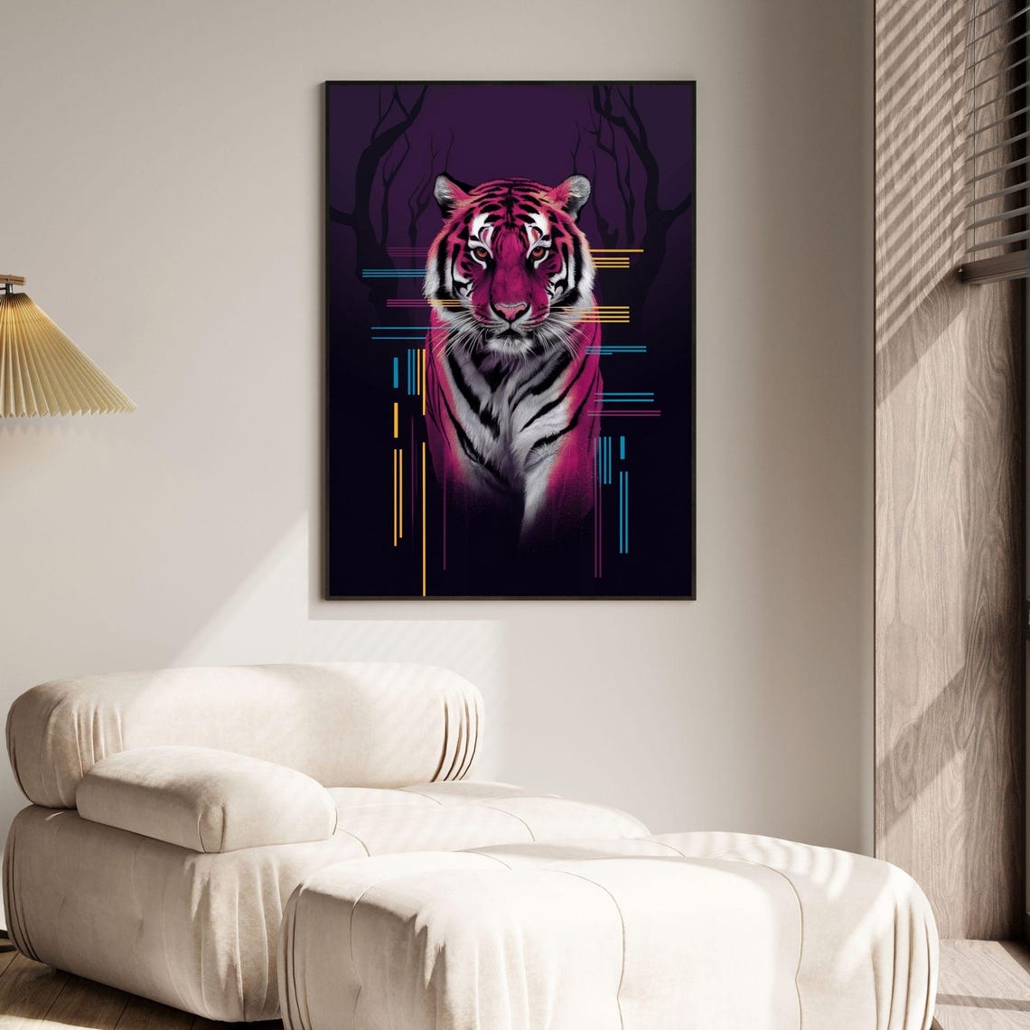 Neon Pink Tiger Dark Purple Forest Geometric Abstract Art Poster - Image 4