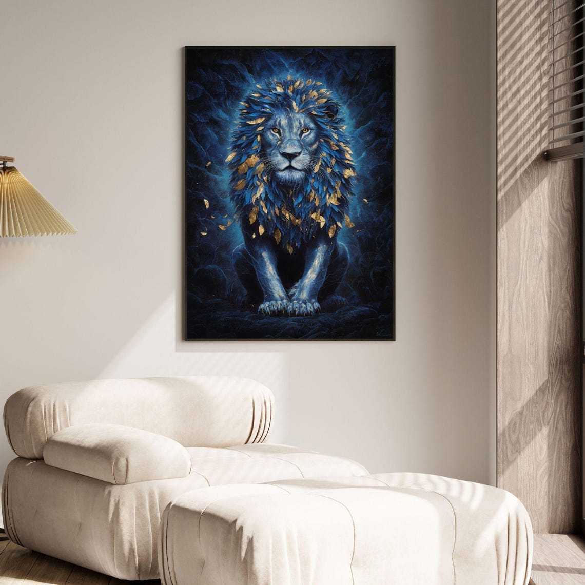 Midnight Blue Lion Golden Leaf Mane Wildlife Portrait Poster - Image 3